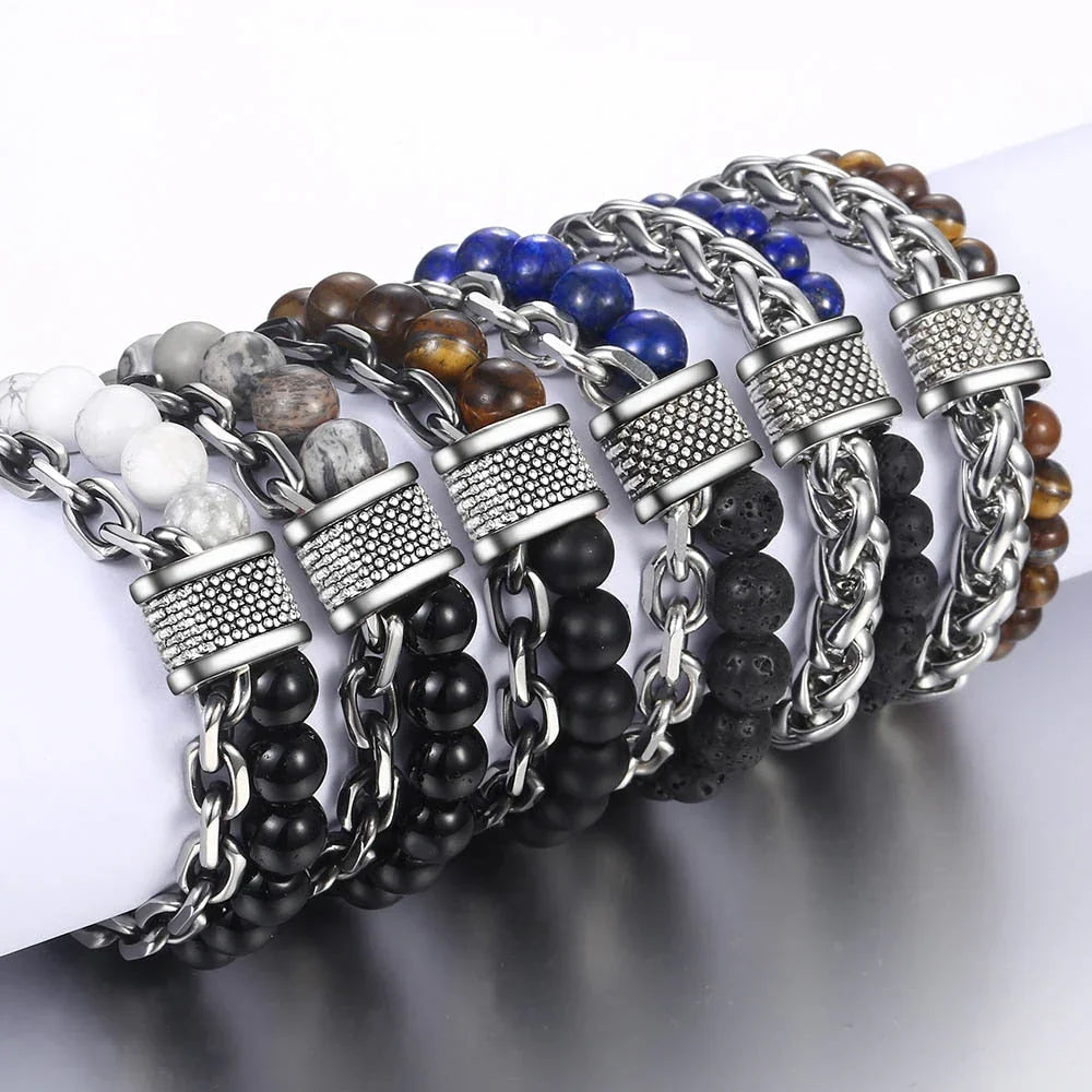 Pulsera de metal y piedra para hombre - Ojo de tigre
