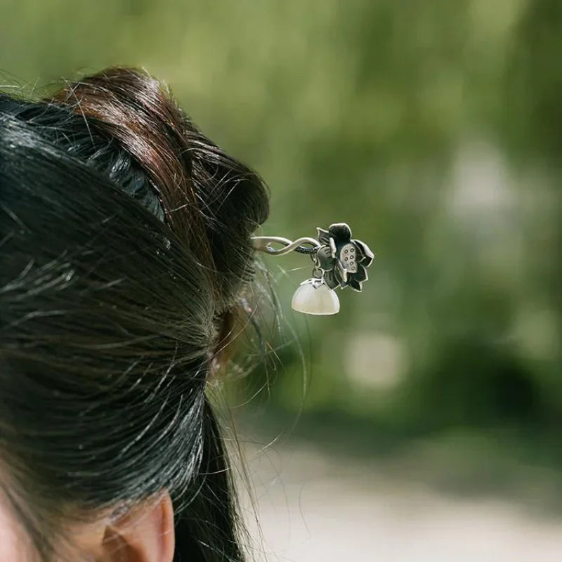 Lotus Flower Hair Clip with Green Stone