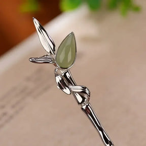Bamboo Leaf Hair Clip with Green Stone