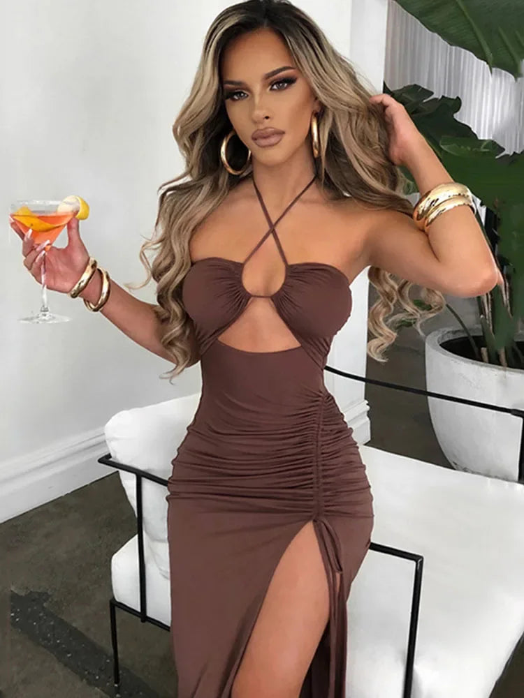 Vestido midi sexy ajustado, sin mangas y con espalda baja 