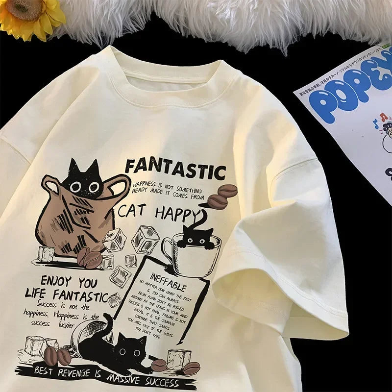 Camiseta unisex extragrande con estampado de gato de dibujos animados, manga corta 