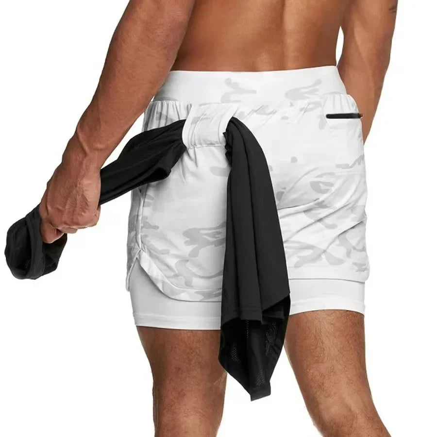 Short Masculino 2 em 1 Esportivo Camuflado, Fitness, Corrida e Academia