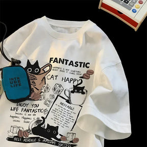 Camiseta unisex extragrande con estampado de gato de dibujos animados, manga corta 