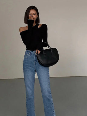Blusa asimétrica de hombros caídos para mujer, corte entallado y mangas largas 