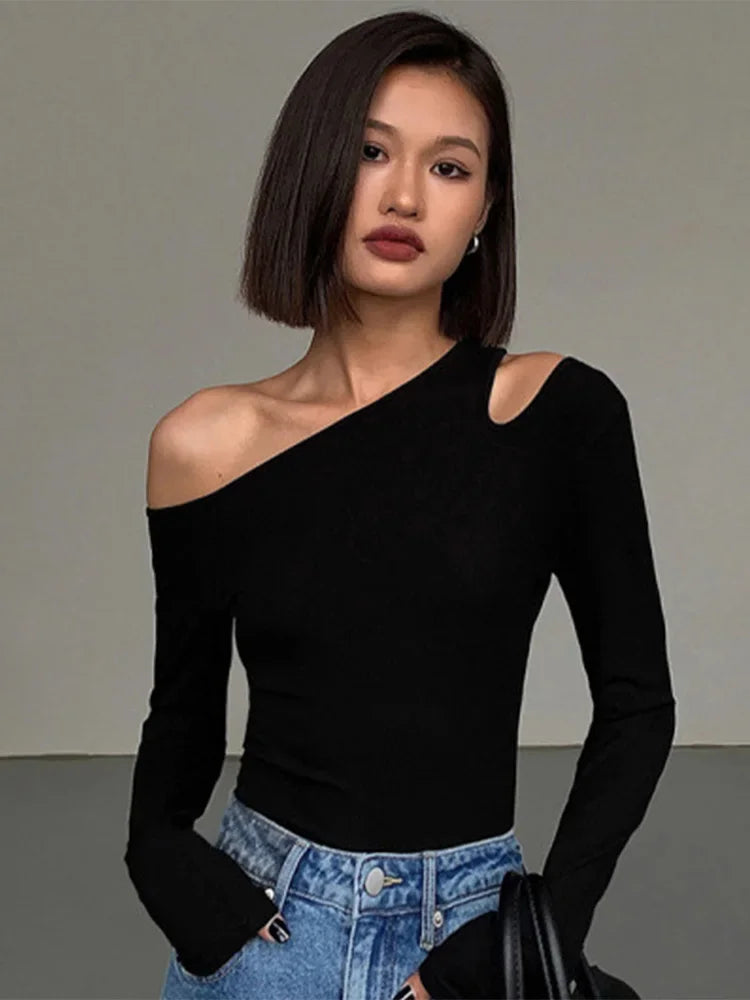 Women's Asymmetrical Drop Shoulder Blouse – Slim Fit with Long Sleeves 