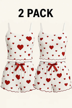 Conjunto de pijama de dos piezas para mujer: camiseta corta sin mangas y pantalones cortos con estampado de corazones