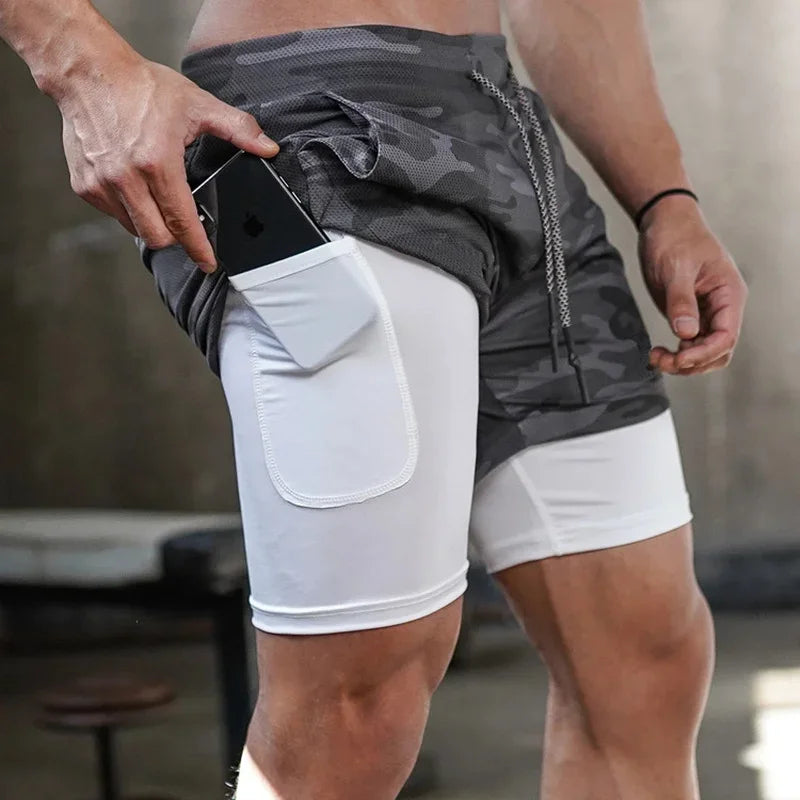Short Masculino 2 em 1 Esportivo Camuflado, Fitness, Corrida e Academia