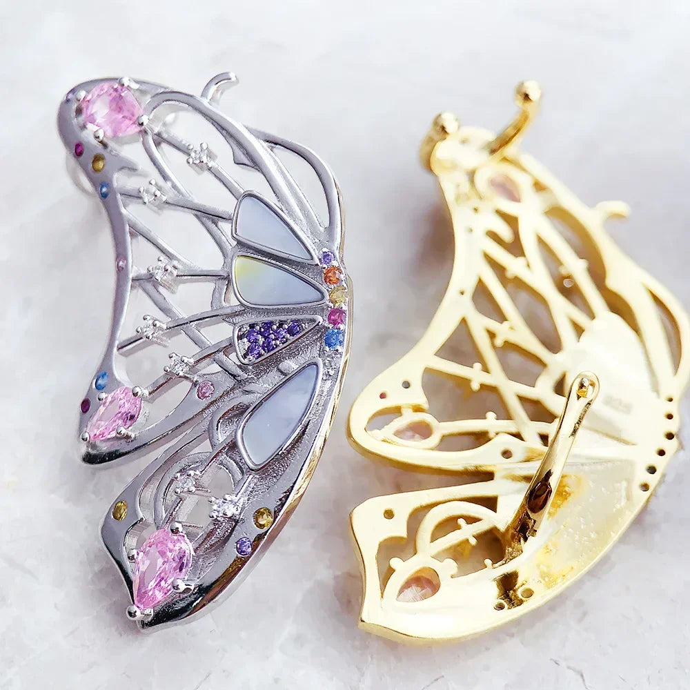 Par de pendientes de mariposa en plata 925, estilo Ear Cuff