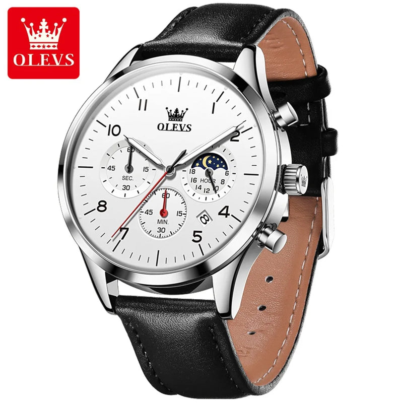 OLEVS Relógio Masculino Original Lunar Quartzo à Prova D'água - Aço Inoxidável Couro 2882 42mm