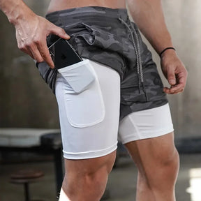 Short Masculino 2 em 1 Esportivo Camuflado, Fitness, Corrida e Academia