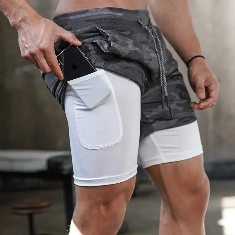 Short Masculino 2 em 1 Esportivo Camuflado, Fitness, Corrida e Academia