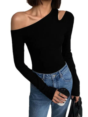Blusa asimétrica de hombros caídos para mujer, corte entallado y mangas largas 