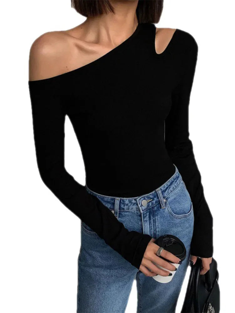 Blusa asimétrica de hombros caídos para mujer, corte entallado y mangas largas 