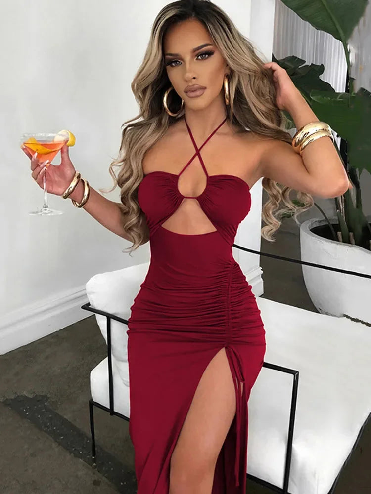 Vestido midi sexy ajustado, sin mangas y con espalda baja 