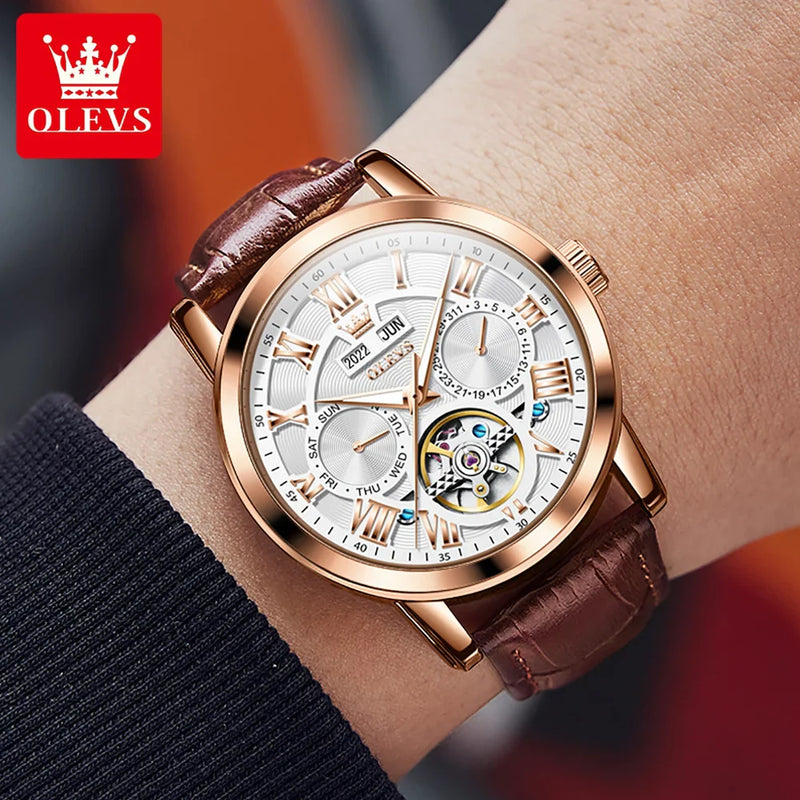 OLEVS Relógio Masculino Original Automático Esqueleto à Prova D'água - Couro 6668 42mm