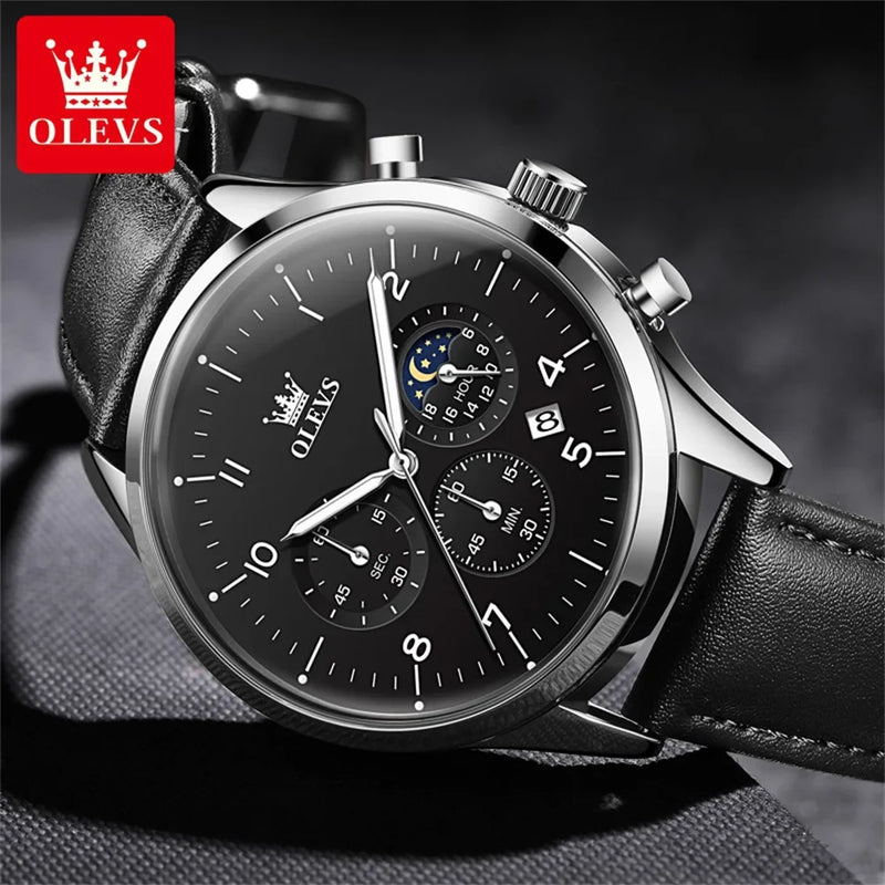 OLEVS Relógio Masculino Original Lunar Quartzo à Prova D'água - Aço Inoxidável Couro 2882 42mm