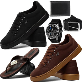 Super 6-in-1 Men's Fashion Kit: 2 pairs of Sneakers + Flip-flops/ Watch/ Wallet and Belt 