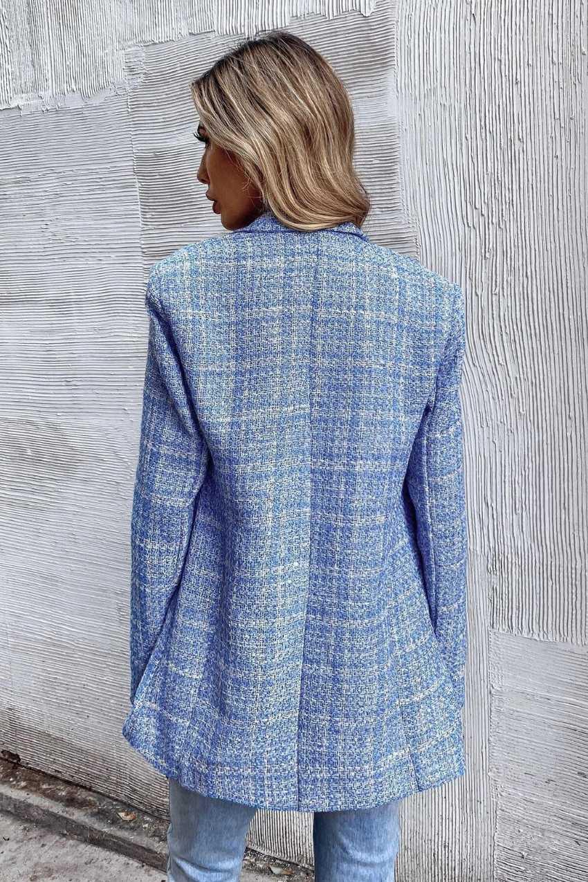 Blazer Tweed Trançado Azul Botão Duplo – Visual encantador para brilhar - Sundian