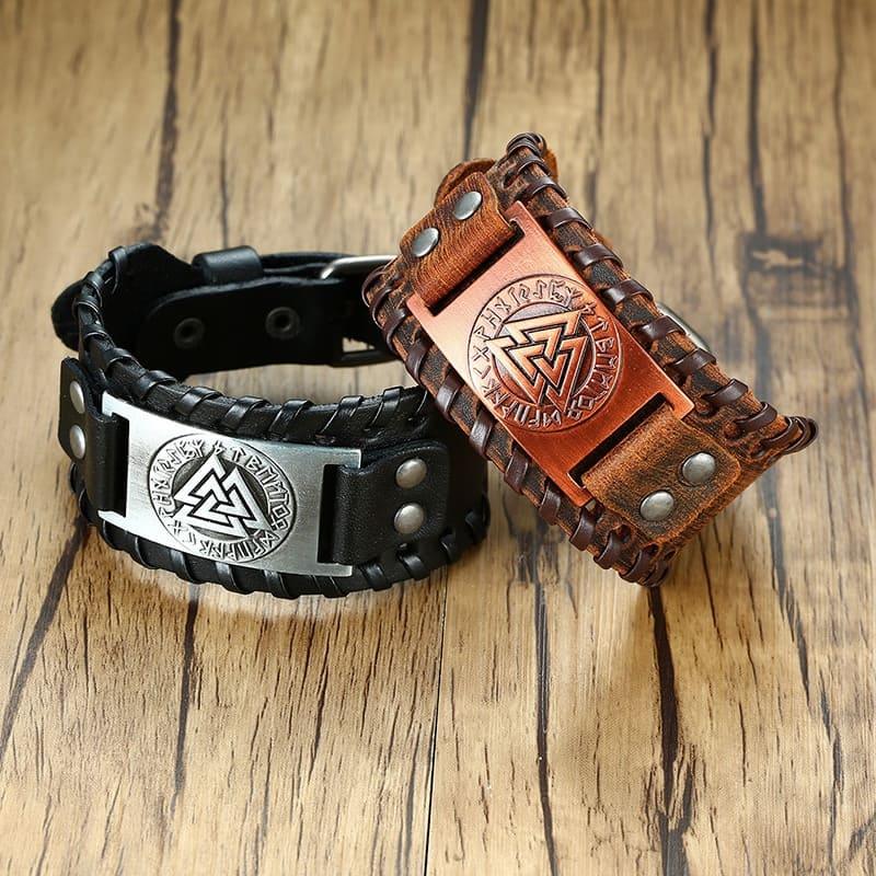 Bracelete de Couro Viking - Valknut Odin