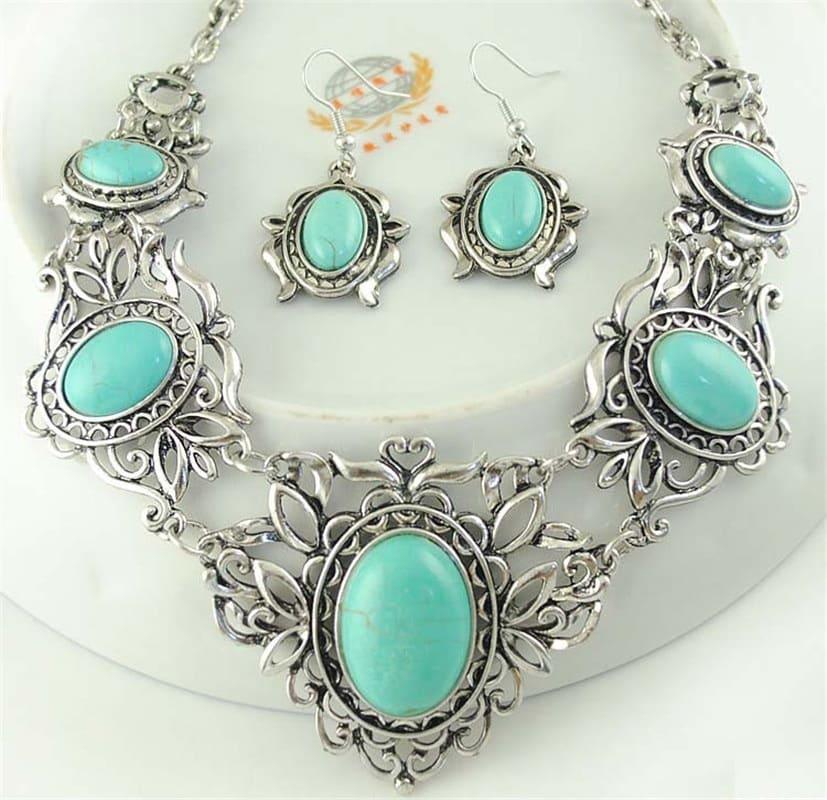 Conjunto de Joias Colar e Brincos - Turquesa Tibetana