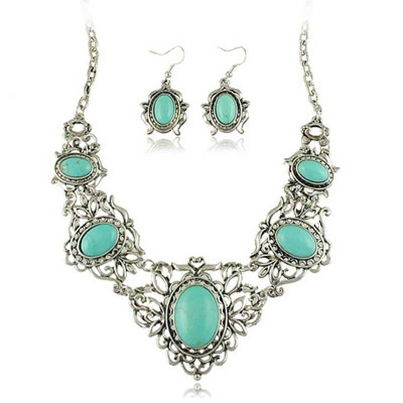 Conjunto de Joias Colar e Brincos - Turquesa Tibetana