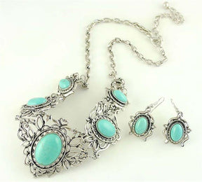 Conjunto de Joias Colar e Brincos - Turquesa Tibetana