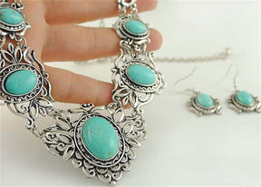 Conjunto de Joias Colar e Brincos - Turquesa Tibetana