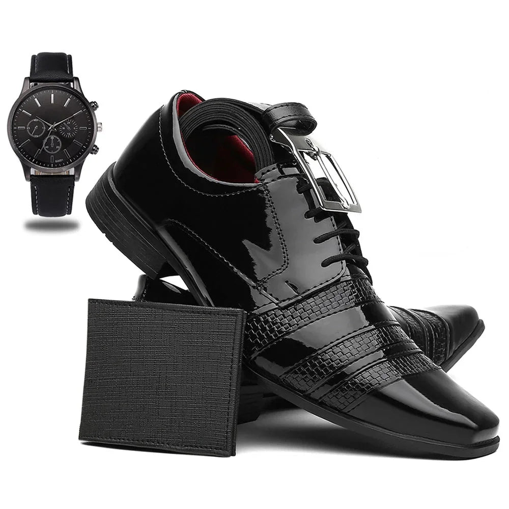 Sapato Masculino Verniz Social + Cinto + Carteira + Relógio Ponteiro